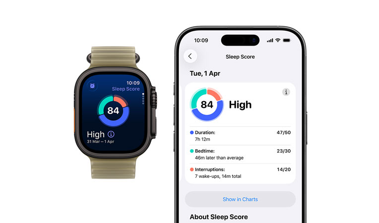 Apple Watch Ultra 4, titanium case, black colour, sleep score circle graph and rating, Ocean Strap, translucent kelp colour (pale brownish green), full sleep analysis open on paired iPhone